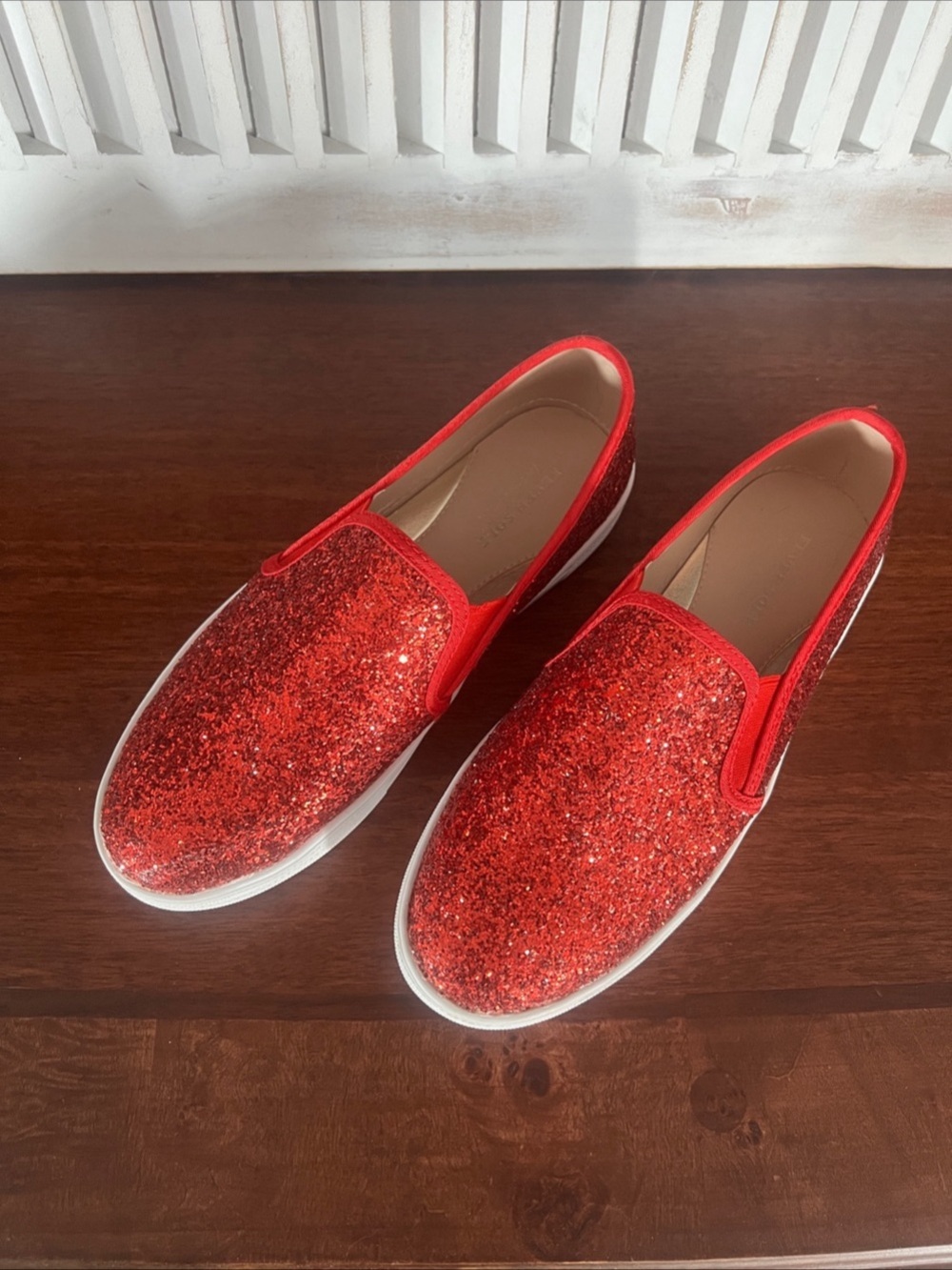 Fever Sole Glitter Slip-Ons in Red
